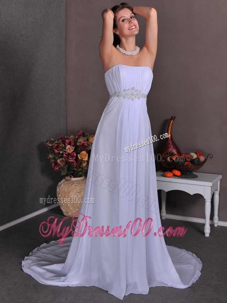 Elegant Empire Strapless Court Train Appliques Beach Wedding Dresses