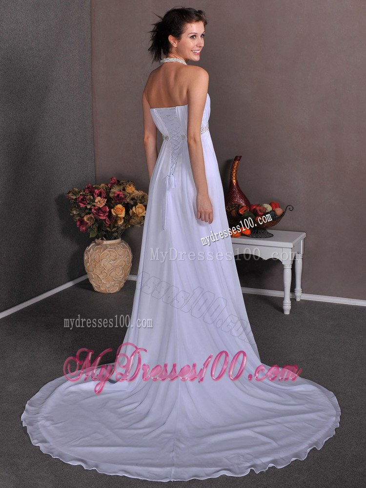 Elegant Empire Strapless Court Train Appliques Beach Wedding Dresses