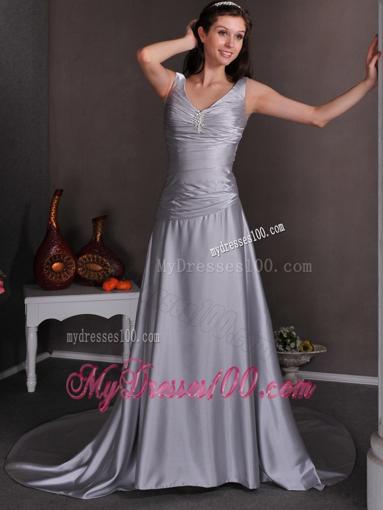 V-neck Chapel Train Beading Silver Discount Wedding Gowns