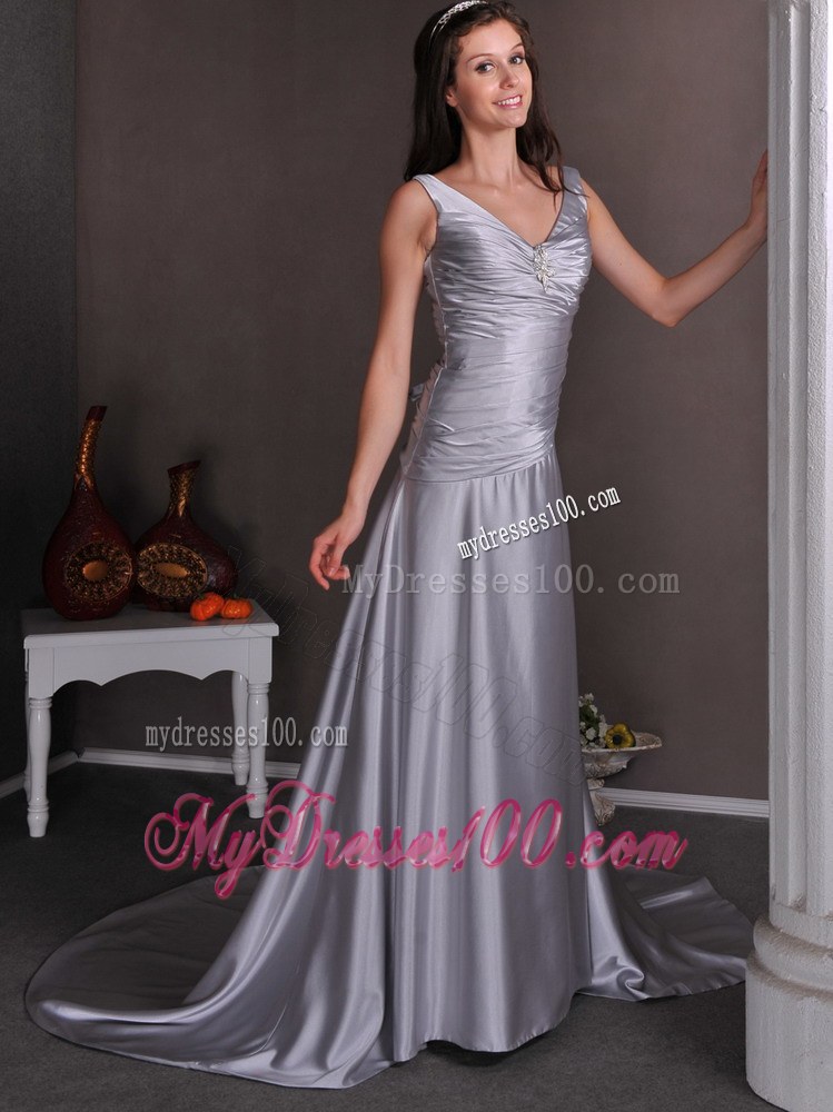 V-neck Chapel Train Beading Silver Discount Wedding Gowns