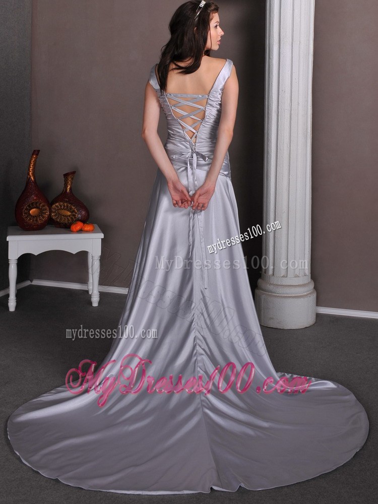 V-neck Chapel Train Beading Silver Discount Wedding Gowns