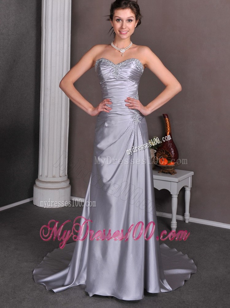 Silver Sweetheart Court Train Beaded Wedding Gown for Cheap
