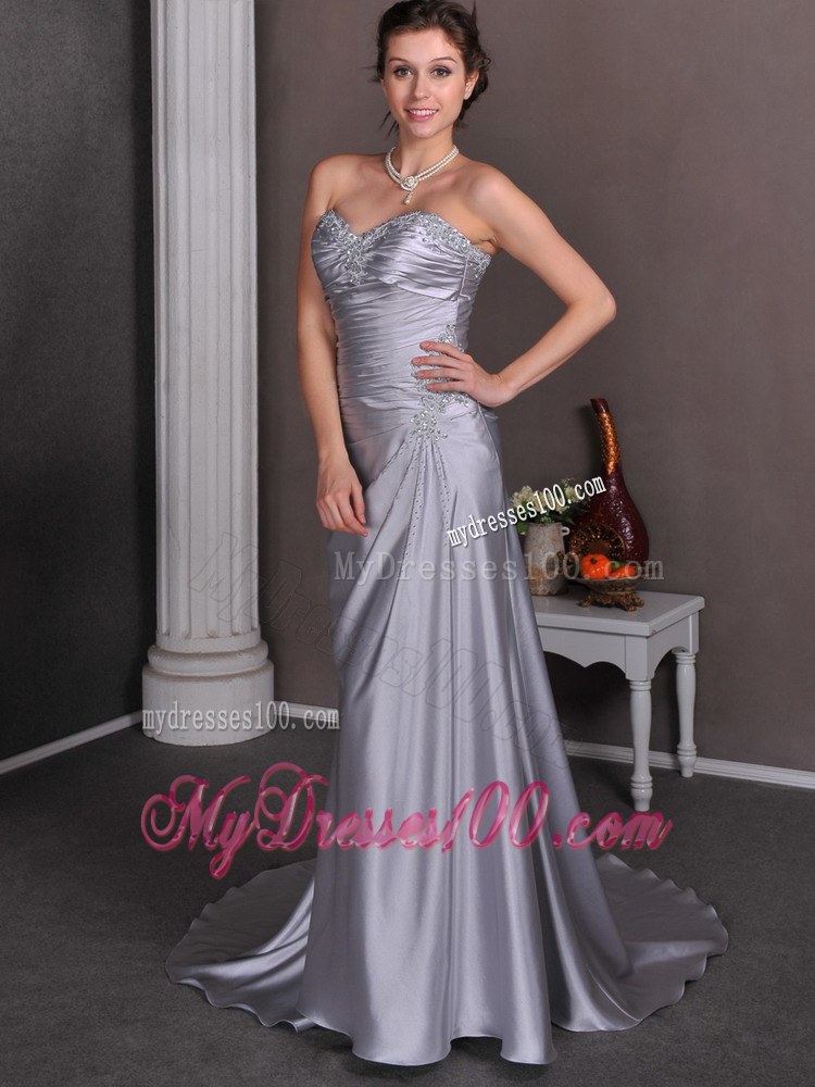 Silver Sweetheart Court Train Beaded Wedding Gown for Cheap