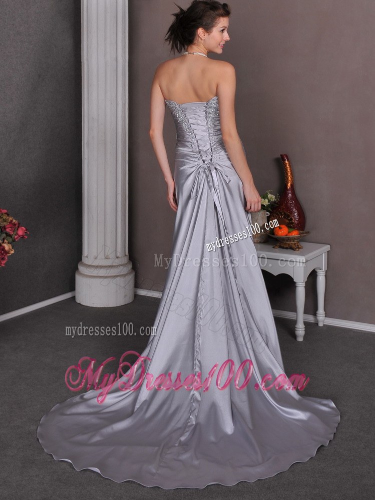Silver Sweetheart Court Train Beaded Wedding Gown for Cheap
