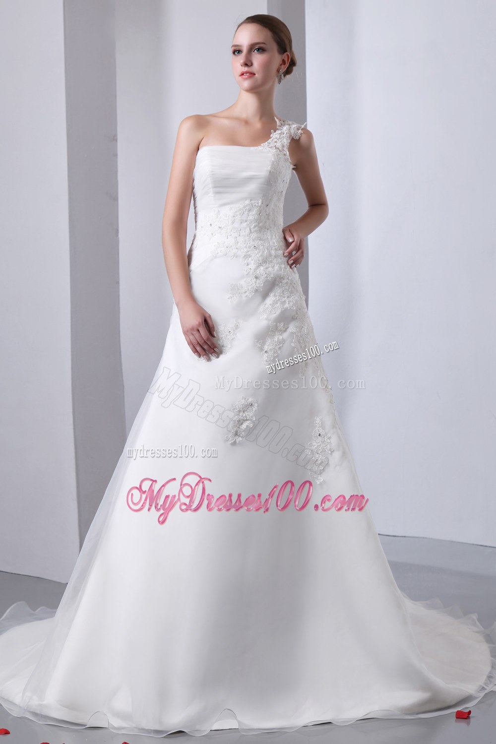 Simple One Shoulder Court Train Appliques Cheap Wedding Gowns