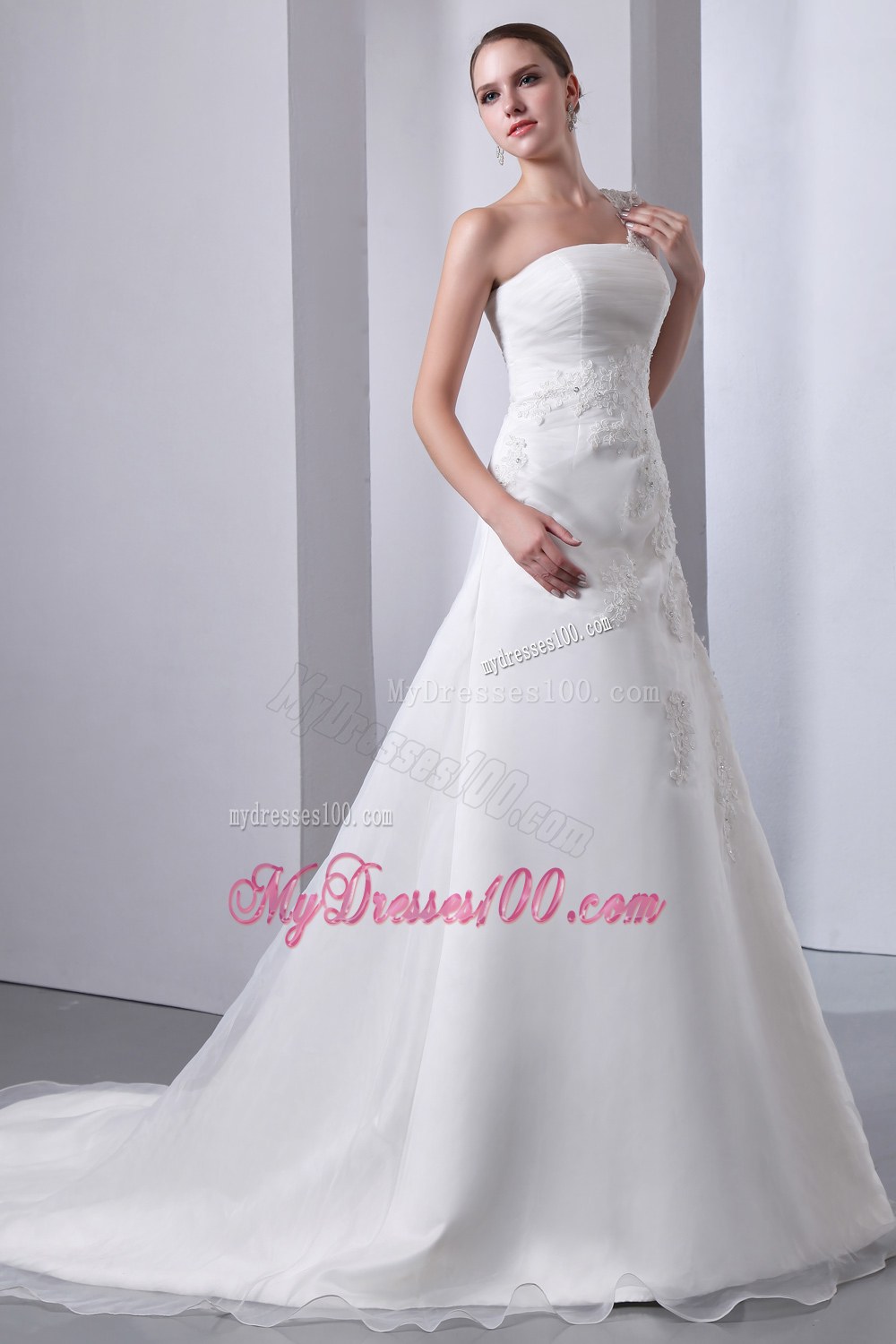 Simple One Shoulder Court Train Appliques Cheap Wedding Gowns