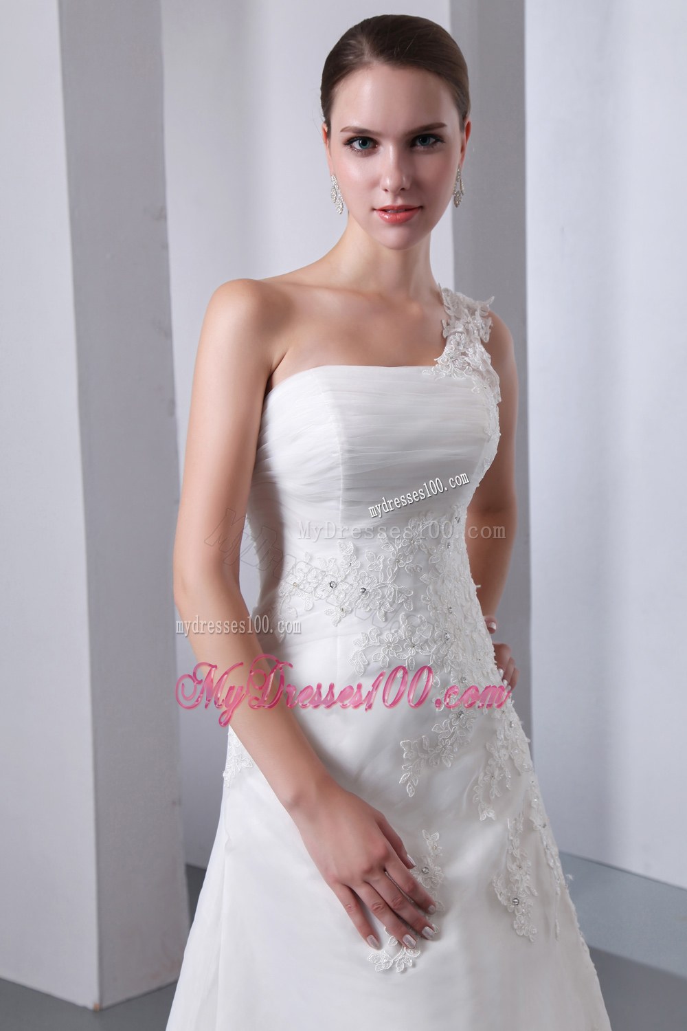 Simple One Shoulder Court Train Appliques Cheap Wedding Gowns