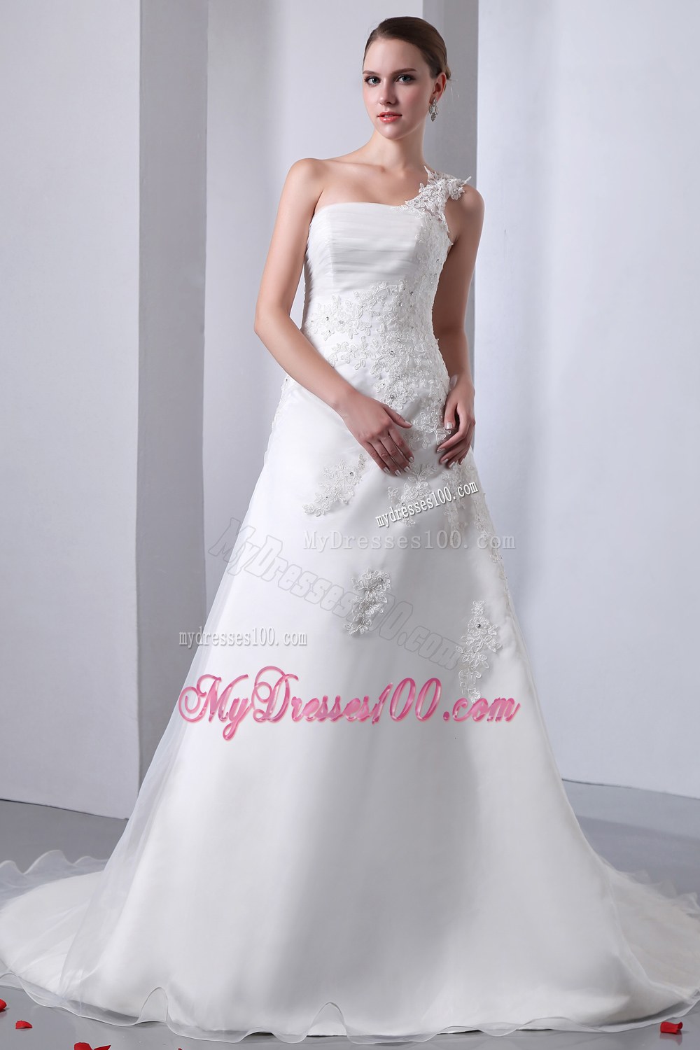Simple One Shoulder Court Train Appliques Cheap Wedding Gowns