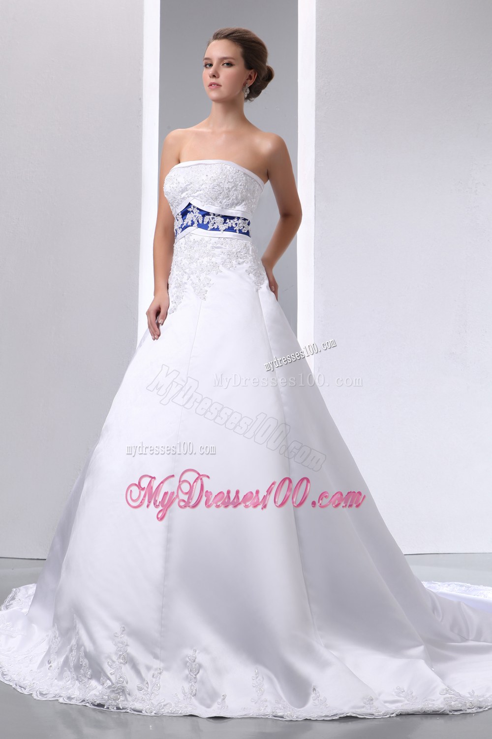 Graceful Strapless Brush Train Lace Appliques 2013 Bridal Gowns