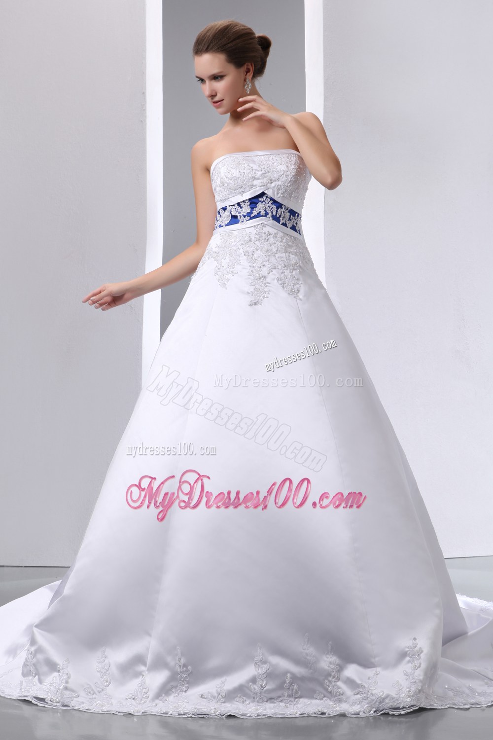 Graceful Strapless Brush Train Lace Appliques 2013 Bridal Gowns