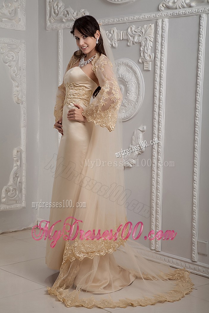 Romantic Champagne Column Strapless Brush Train Lace Wedding Dresses