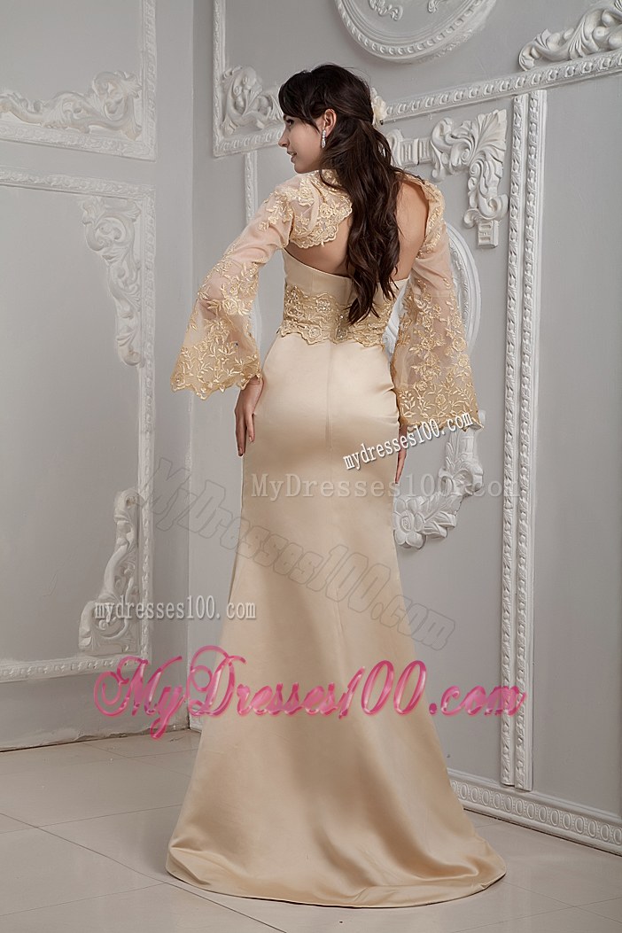 Romantic Champagne Column Strapless Brush Train Lace Wedding Dresses