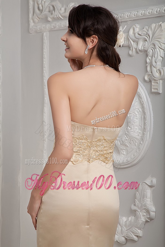Romantic Champagne Column Strapless Brush Train Lace Wedding Dresses