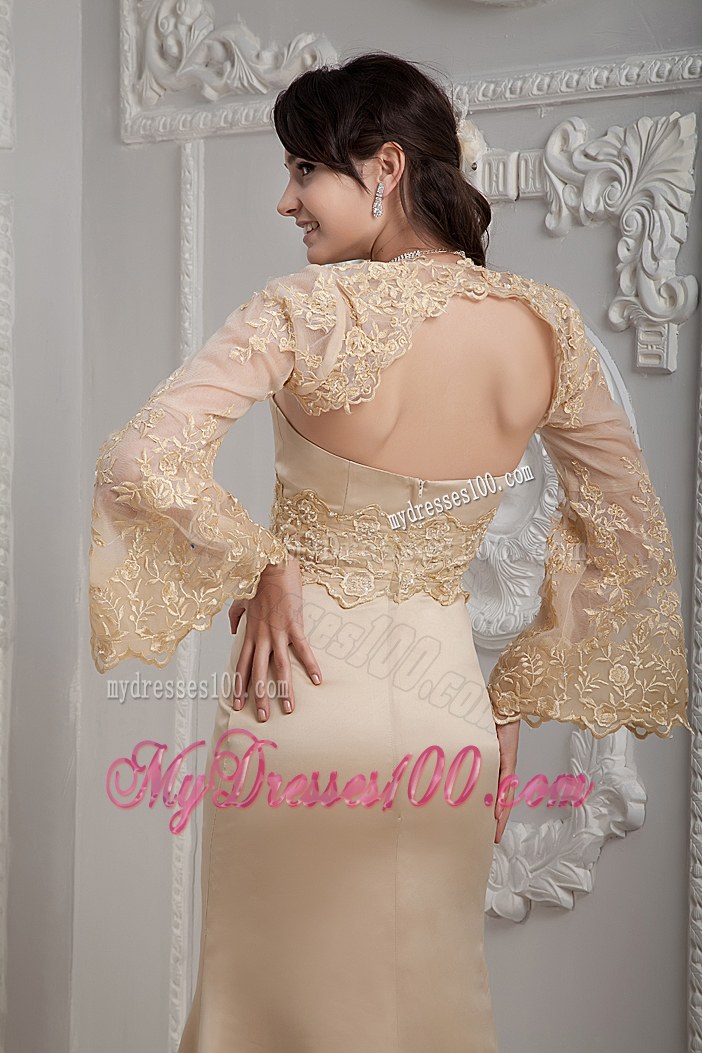 Romantic Champagne Column Strapless Brush Train Lace Wedding Dresses