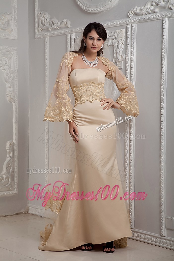 Romantic Champagne Column Strapless Brush Train Lace Wedding Dresses