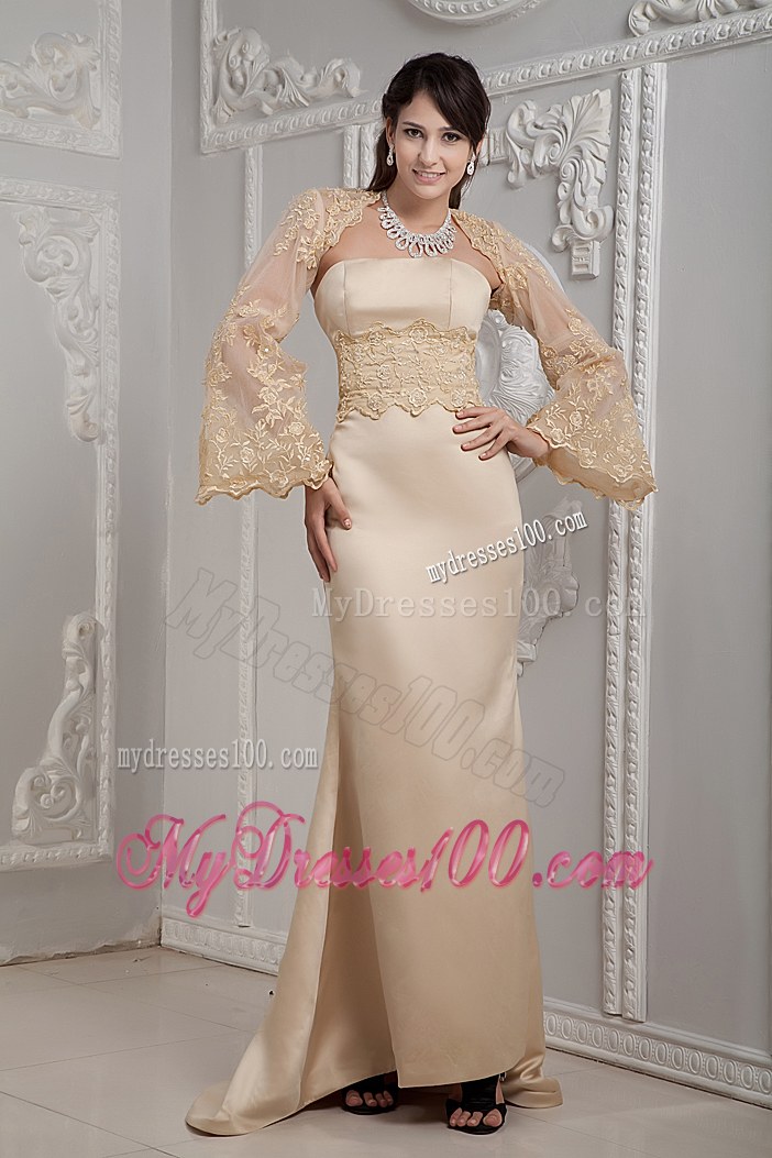 Romantic Champagne Column Strapless Brush Train Lace Wedding Dresses