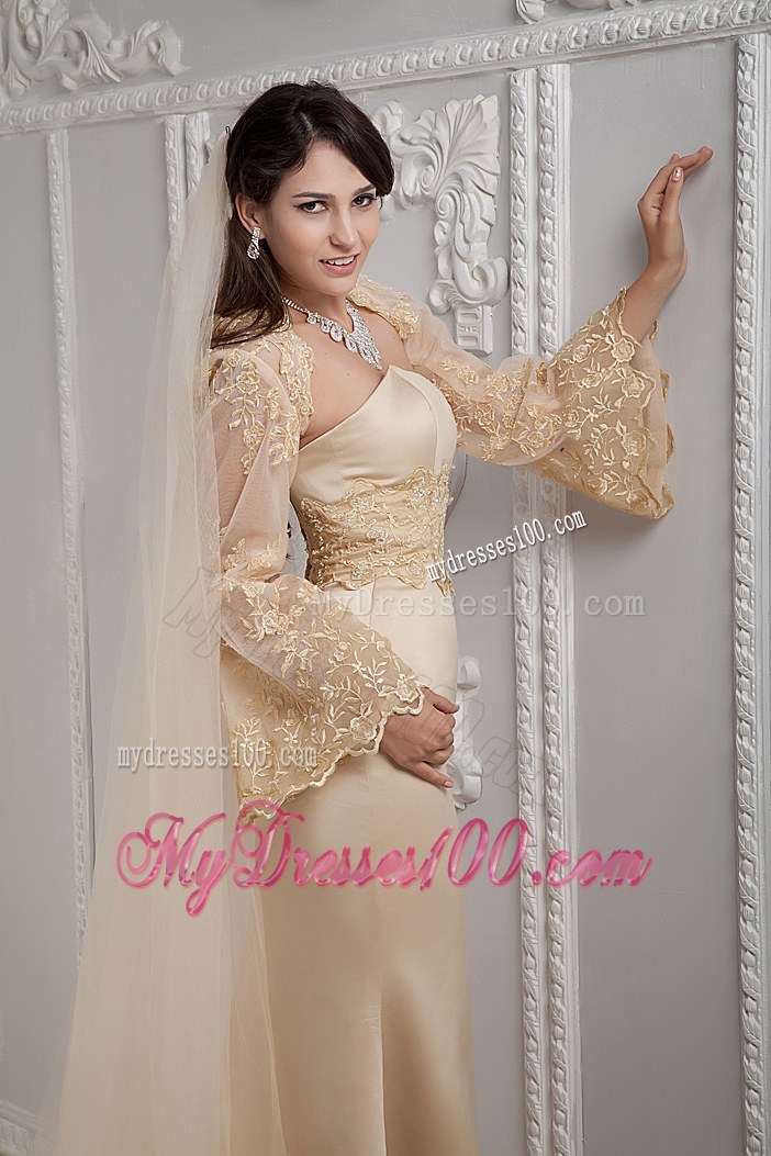 Romantic Champagne Column Strapless Brush Train Lace Wedding Dresses