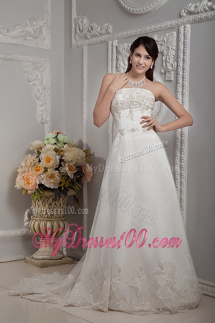 Elegant Strapless Court Train Appliques Lace Cheap Wedding Dress On Sale
