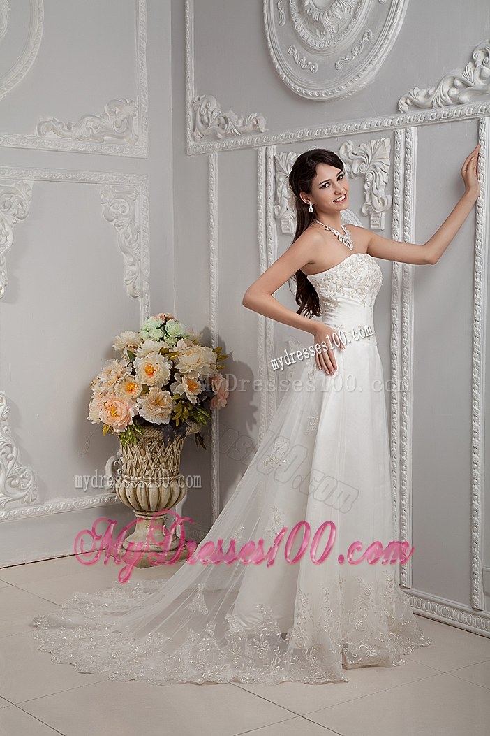 Elegant Strapless Court Train Appliques Lace Cheap Wedding Dress On Sale