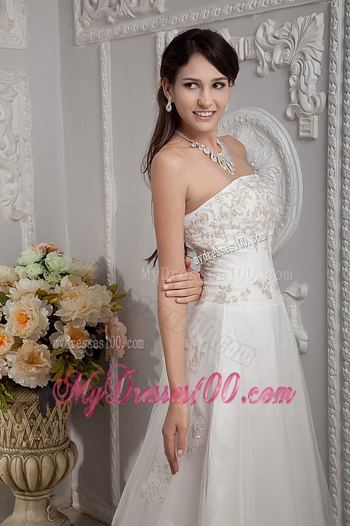 Elegant Strapless Court Train Appliques Lace Cheap Wedding Dress On Sale