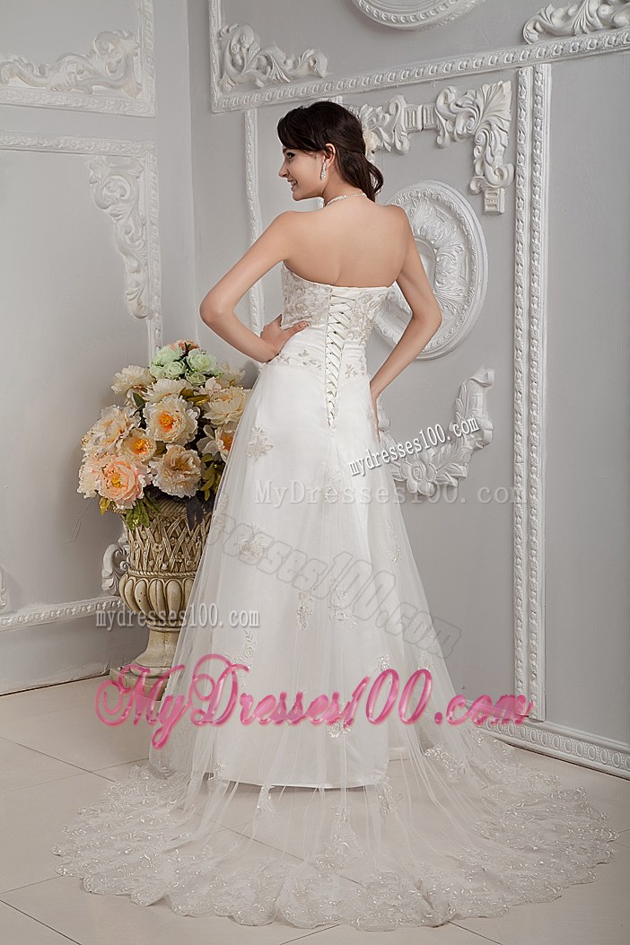 Elegant Strapless Court Train Appliques Lace Cheap Wedding Dress On Sale
