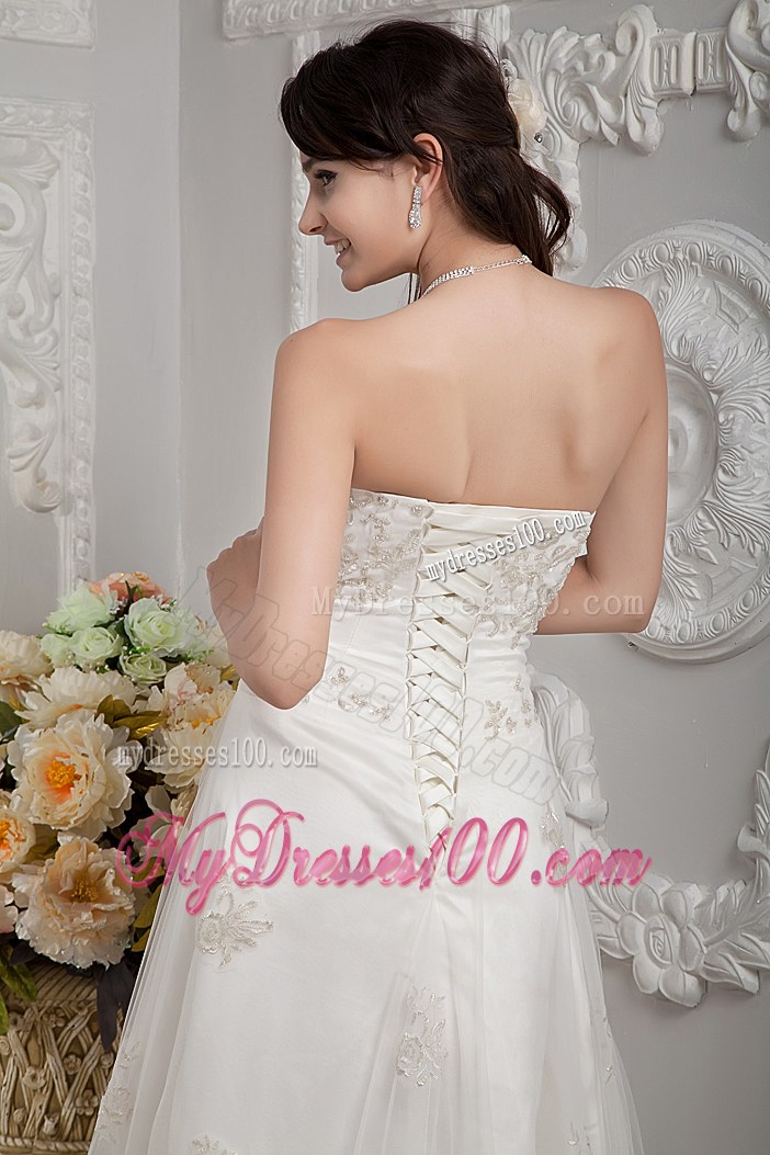 Elegant Strapless Court Train Appliques Lace Cheap Wedding Dress On Sale