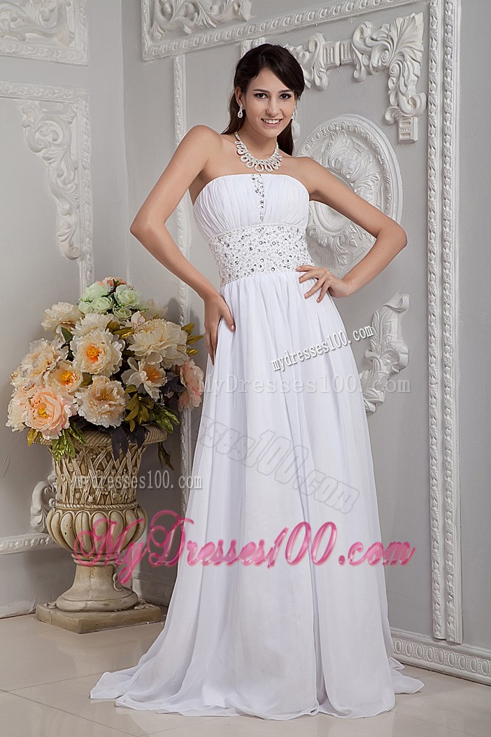 Sweet Empire Strapless Brush Train Beading Wedding Dresses for Beach