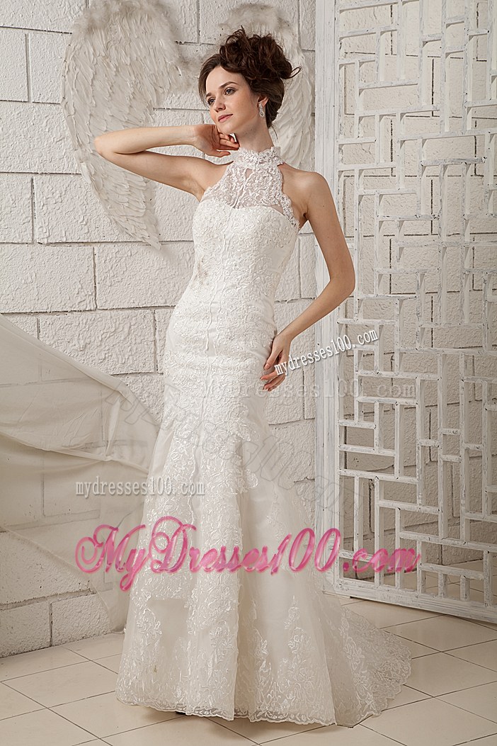Customize Mermaid High-neck Brush Train Lace Appliques Wedding Dresses