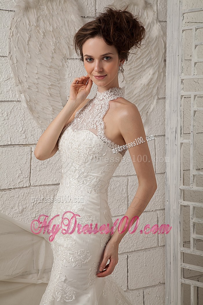 Customize Mermaid High-neck Brush Train Lace Appliques Wedding Dresses