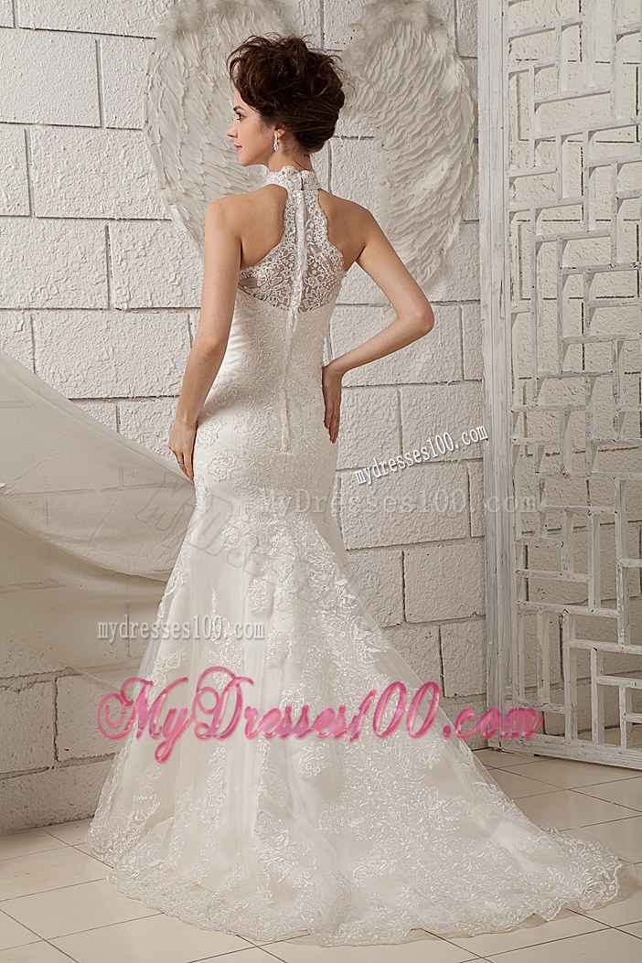 Customize Mermaid High-neck Brush Train Lace Appliques Wedding Dresses