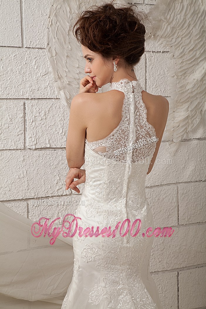 Customize Mermaid High-neck Brush Train Lace Appliques Wedding Dresses