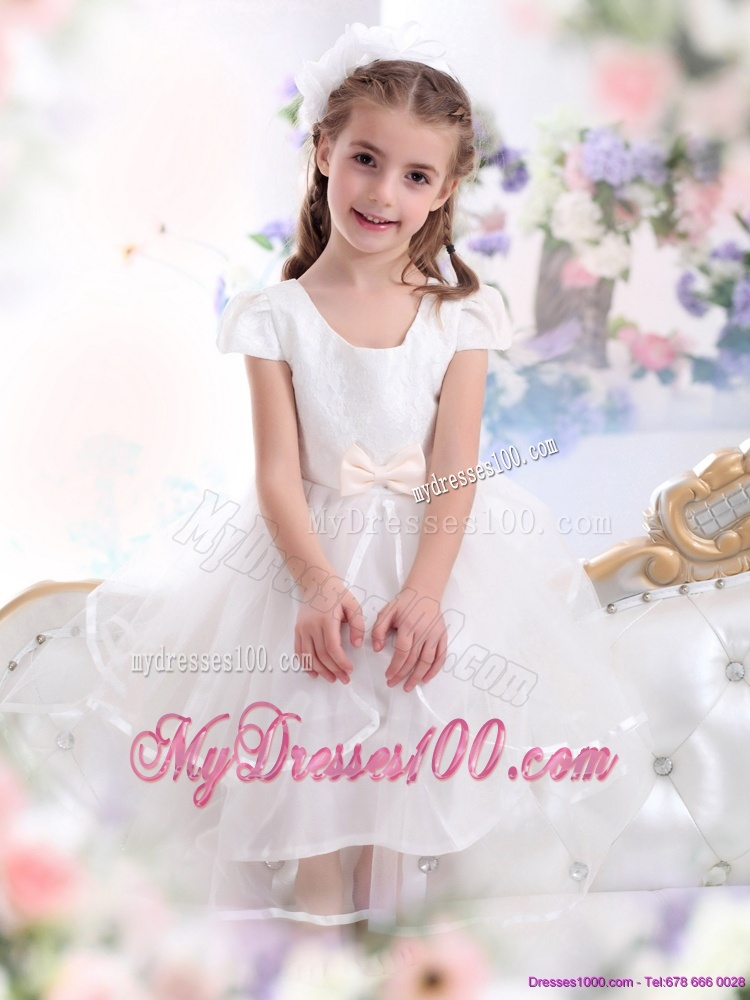 2016 Scoop White Flower Girl Dresses with Bowknot and Ruffles