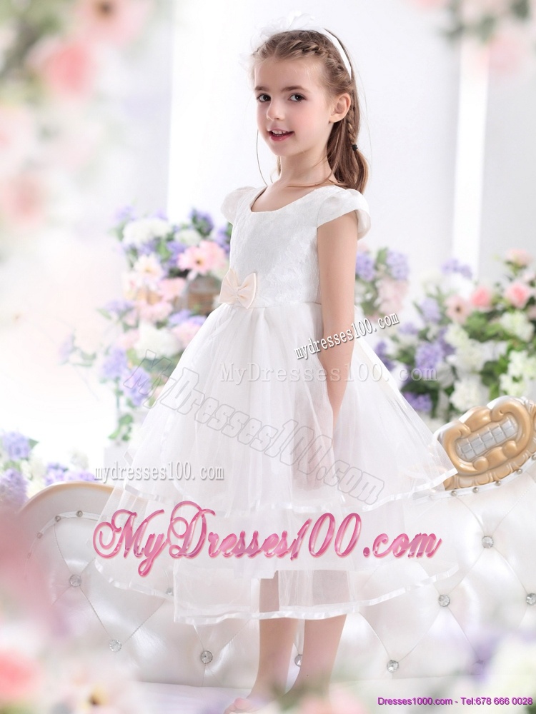 2016 Scoop White Flower Girl Dresses with Bowknot and Ruffles