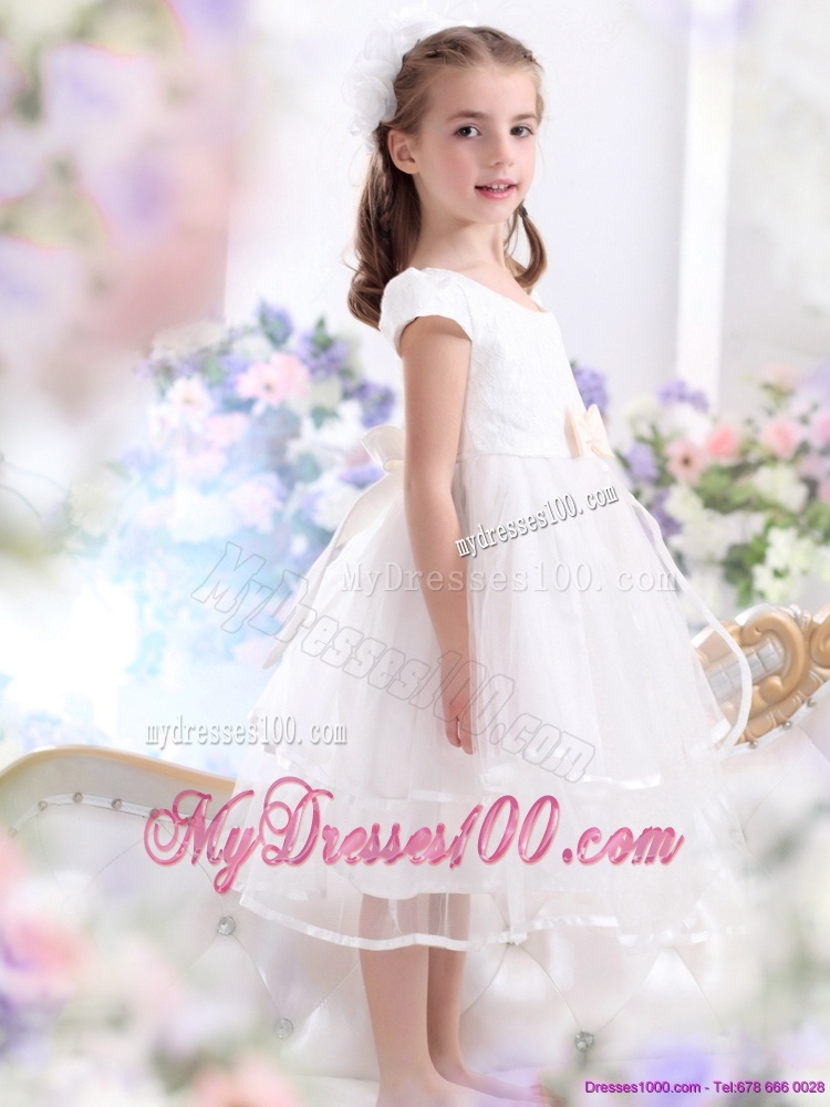 2016 Scoop White Flower Girl Dresses with Bowknot and Ruffles