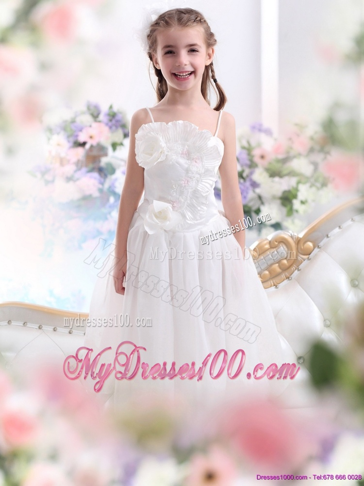 2016 White Spaghetti Straps Flower Girl Dresses with Flowers and Ruffles