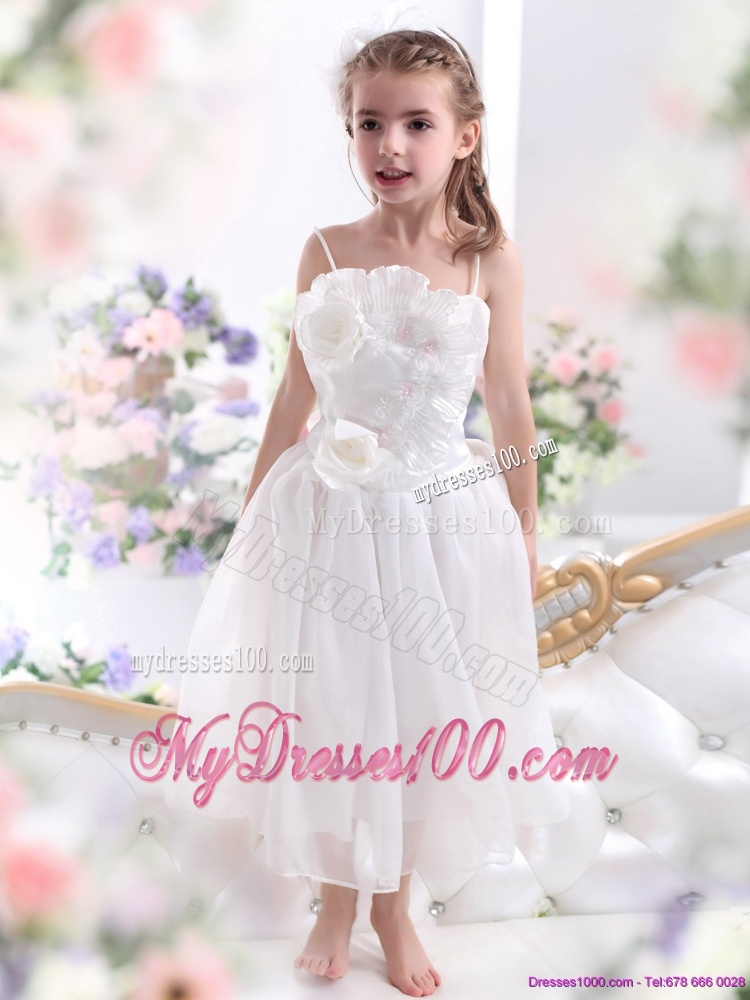 2016 White Spaghetti Straps Flower Girl Dresses with Flowers and Ruffles
