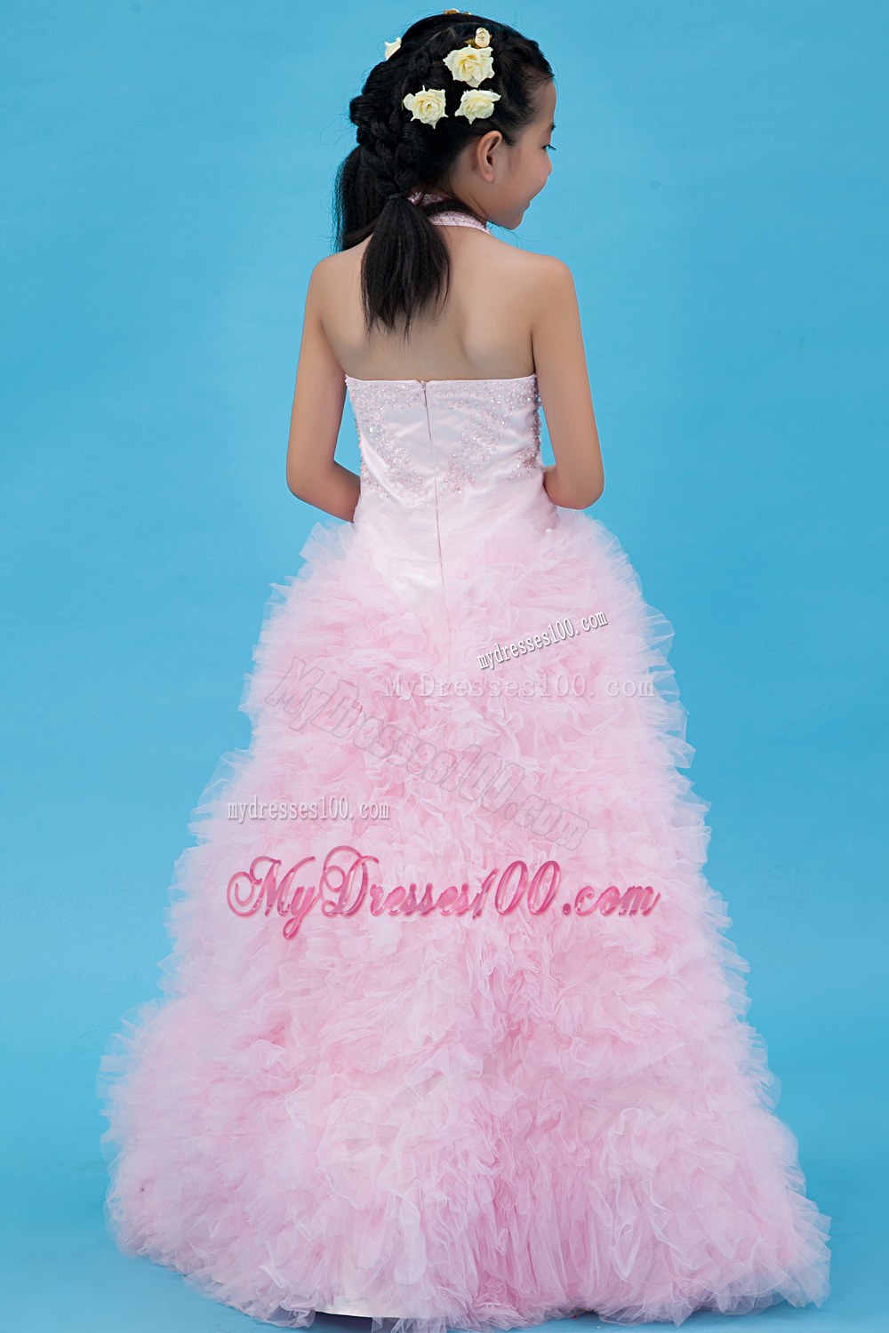 Baby Pink Halter Floor-length Beading Flower Girl Dress