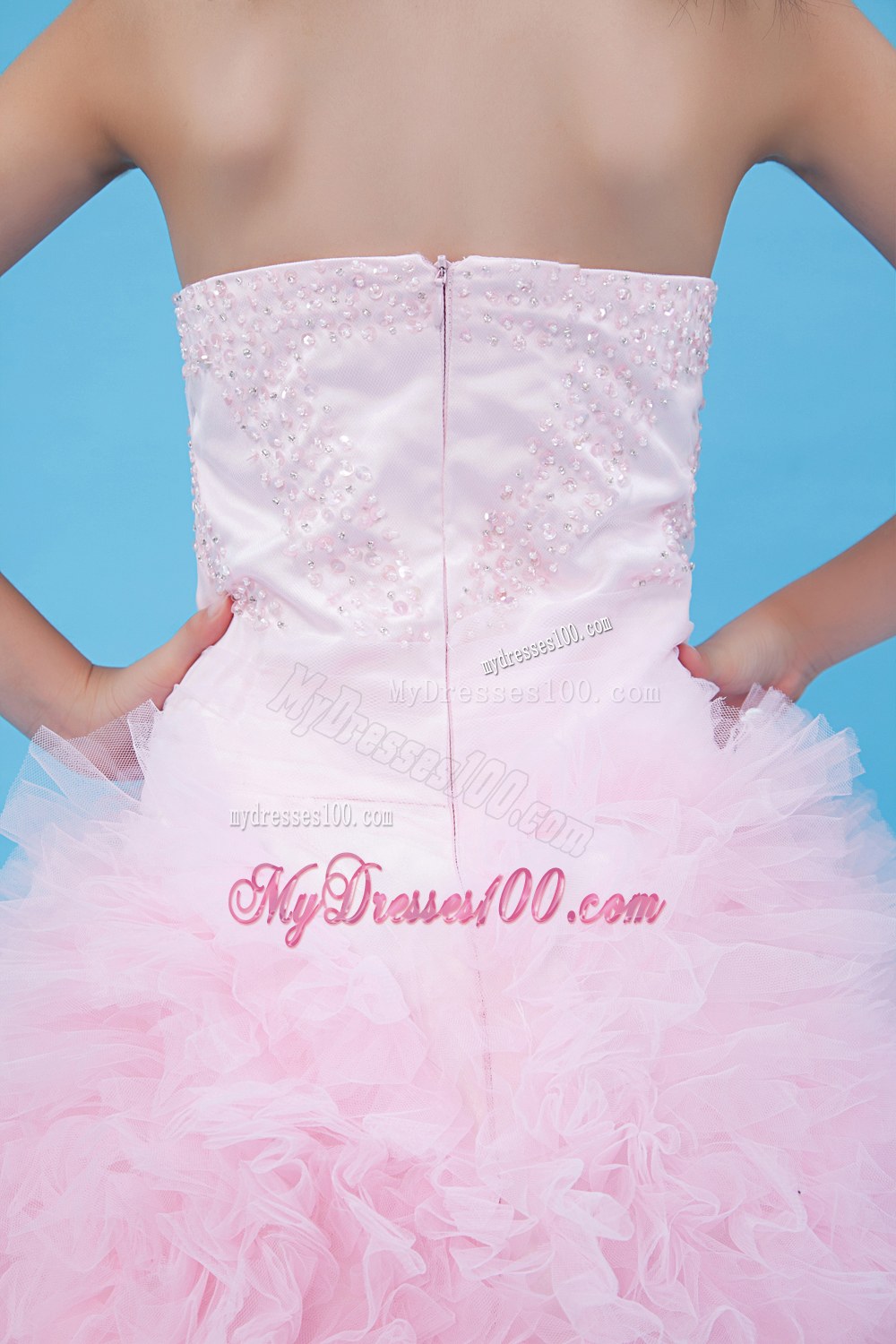 Baby Pink Halter Floor-length Beading Flower Girl Dress