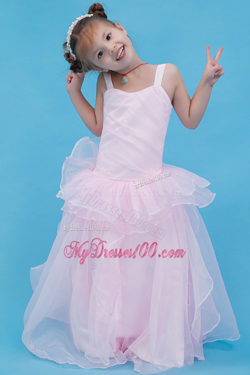 Baby Pink Straps Floor-length Flower Girl Dress