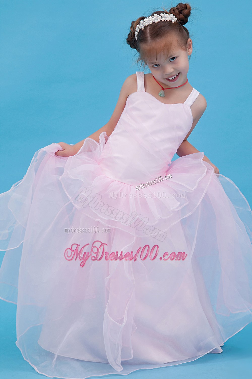 Baby Pink Straps Floor-length Flower Girl Dress