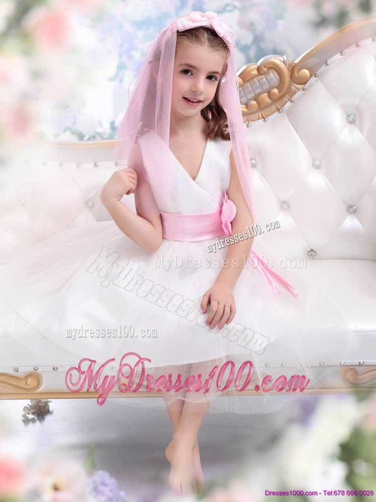 Beautiful White Flower Girl Dress with Baby Pink Waistband and Hand Made Flower