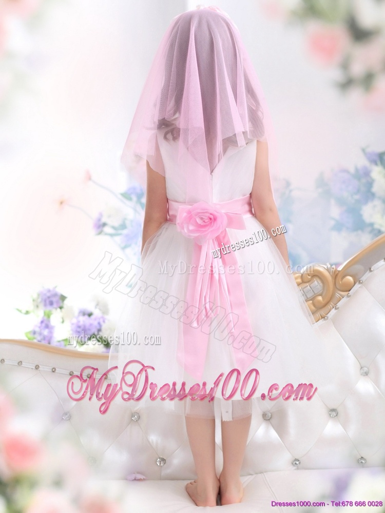 Beautiful White Flower Girl Dress with Baby Pink Waistband and Hand Made Flower