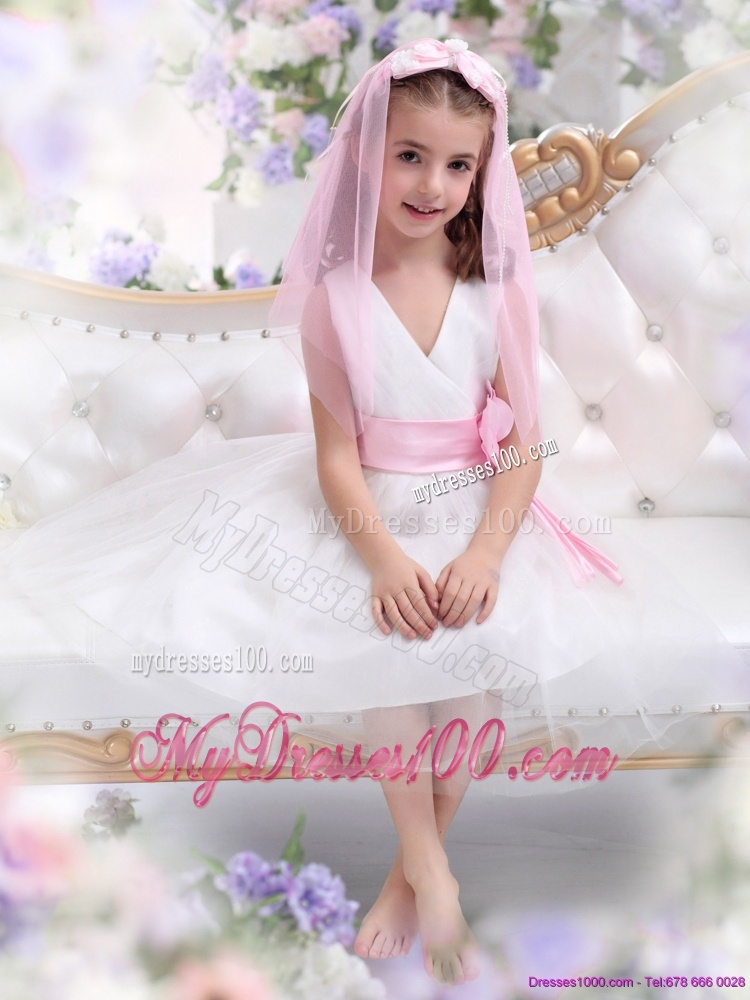 Beautiful White Flower Girl Dress with Baby Pink Waistband and Hand Made Flower