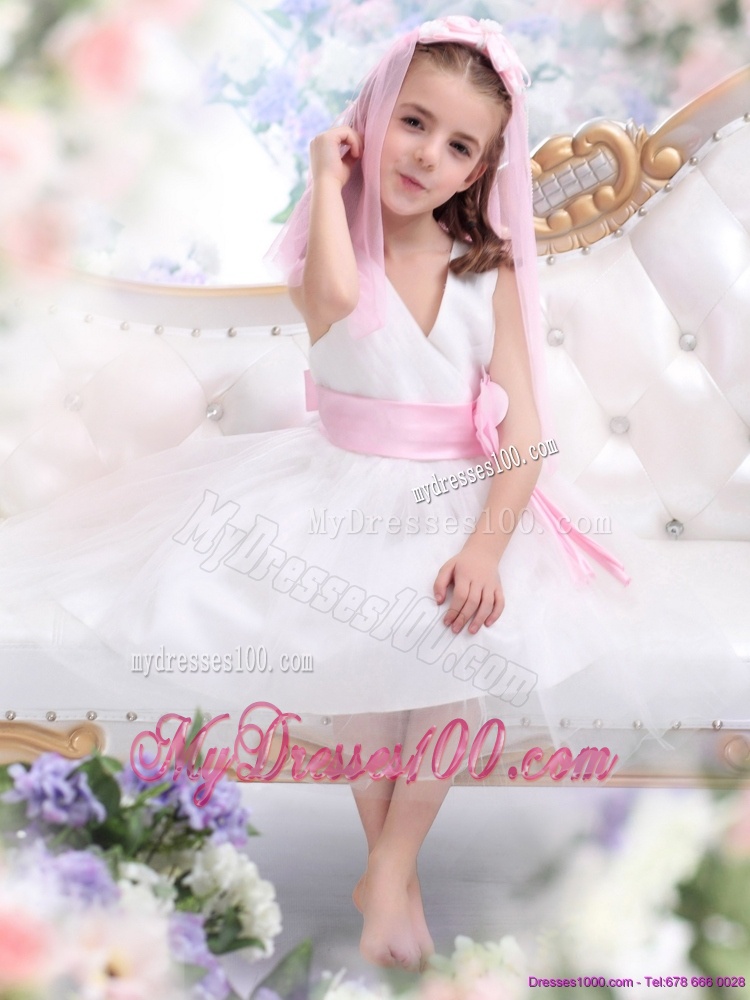 Beautiful White Flower Girl Dress with Baby Pink Waistband and Hand Made Flower