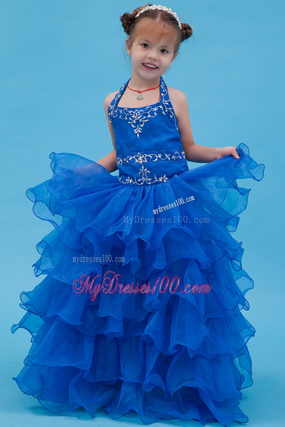 Blue Ball Gown Halter Floor-length Appliques Flower Girl Dress