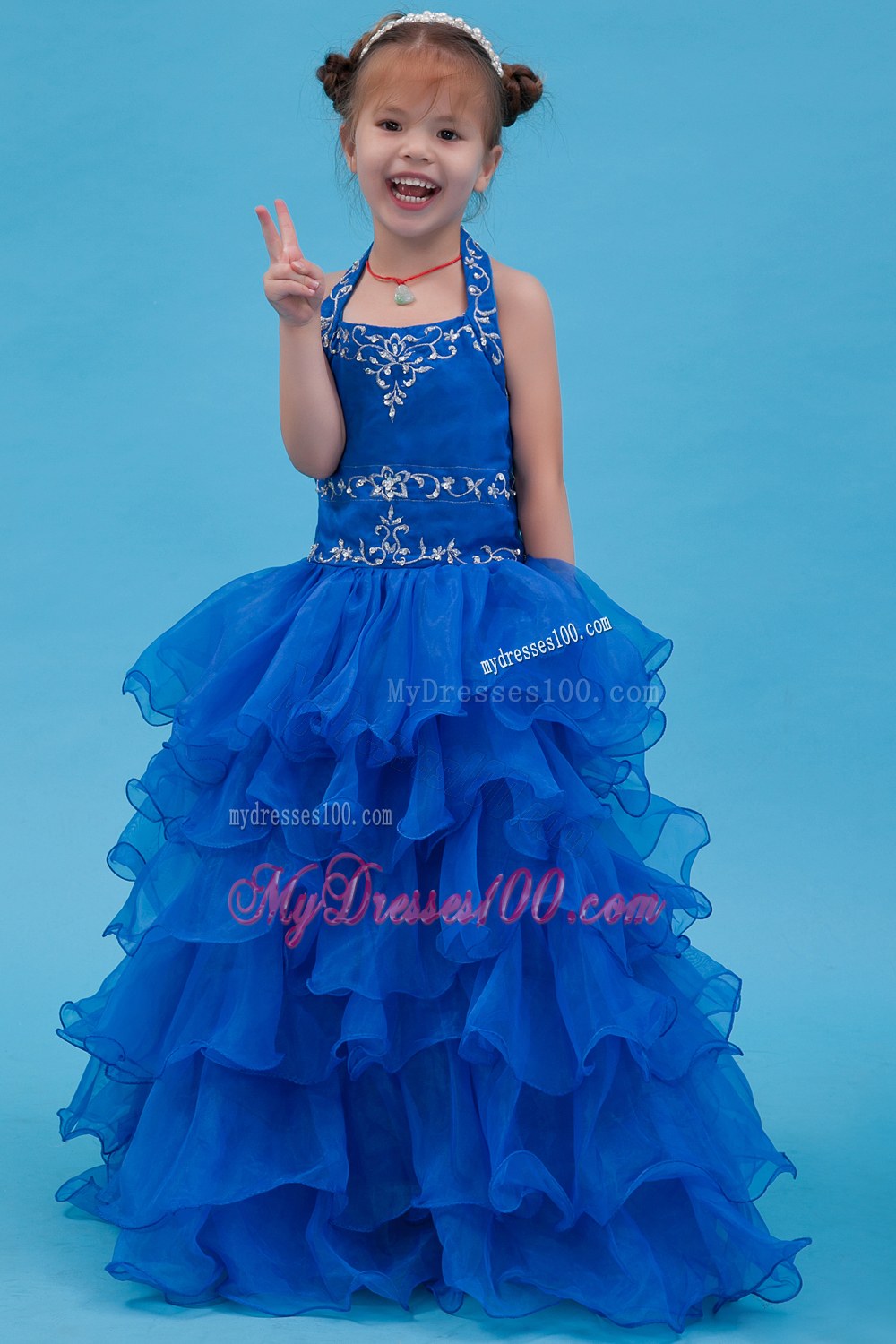 Blue Ball Gown Halter Floor-length Appliques Flower Girl Dress