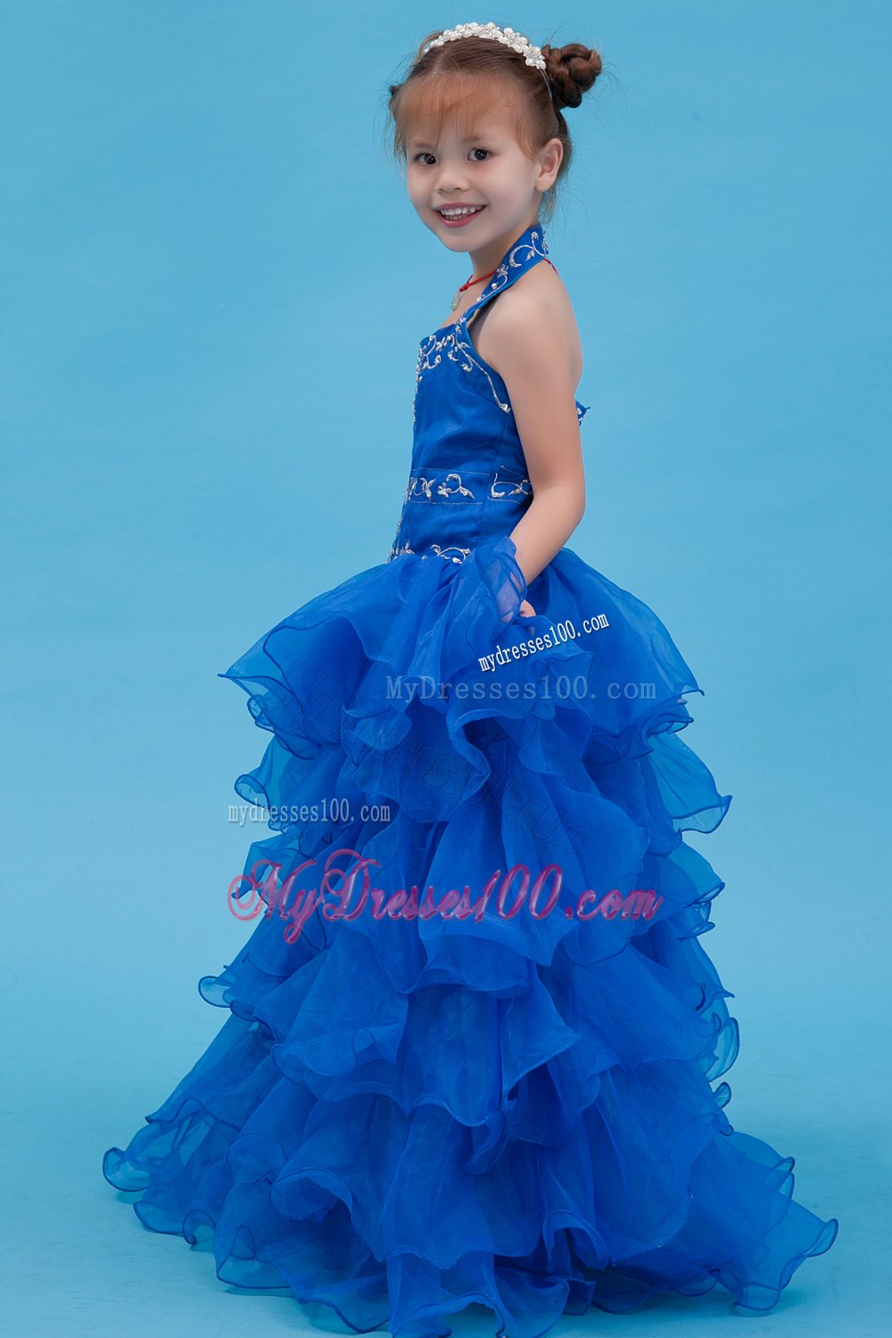 Blue Ball Gown Halter Floor-length Appliques Flower Girl Dress