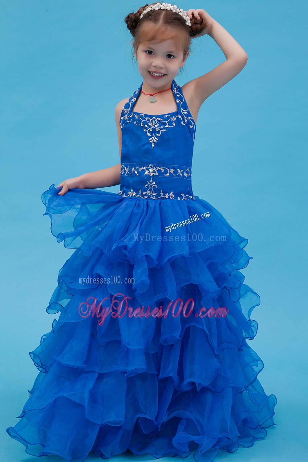 Blue Ball Gown Halter Floor-length Appliques Flower Girl Dress