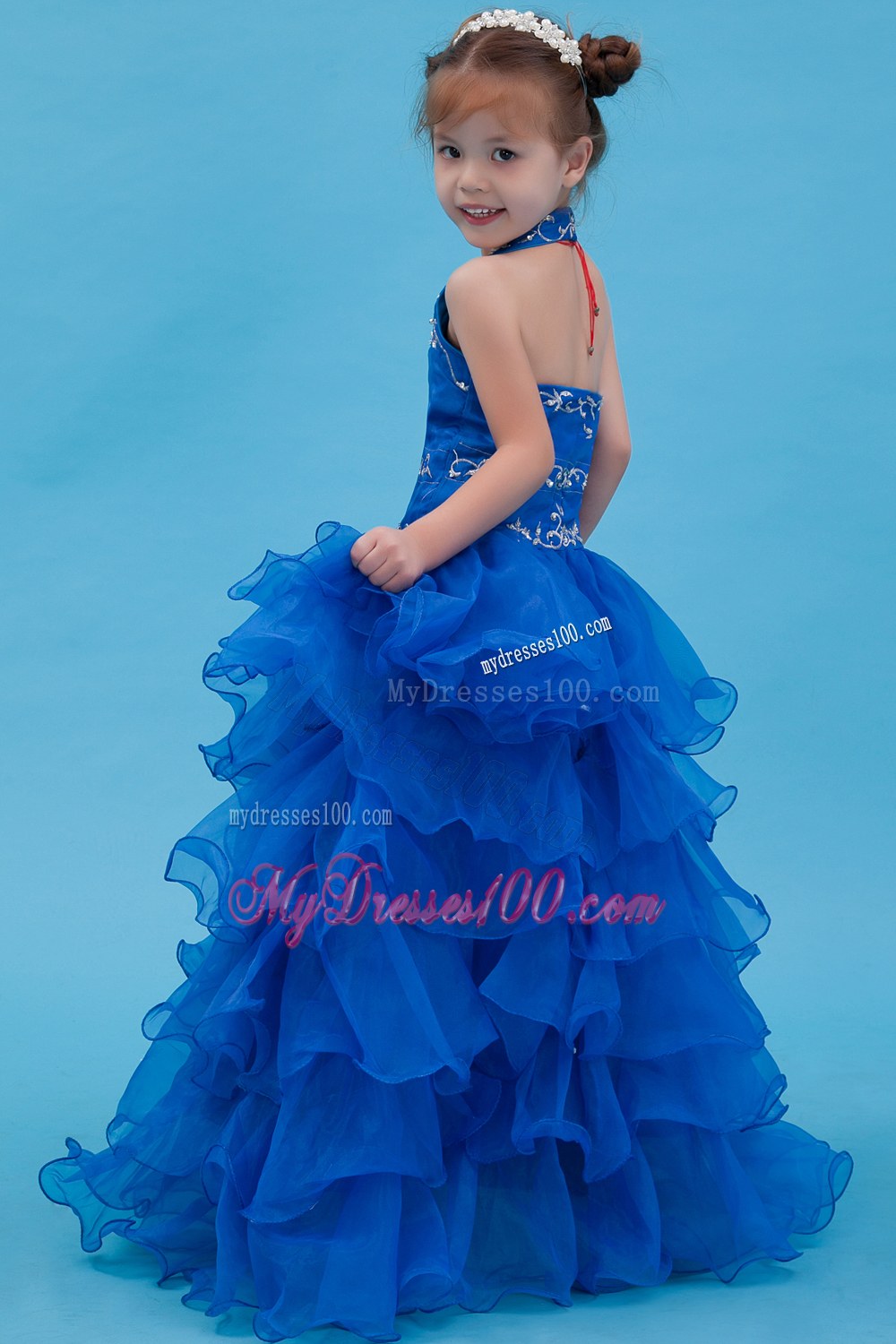 Blue Ball Gown Halter Floor-length Appliques Flower Girl Dress