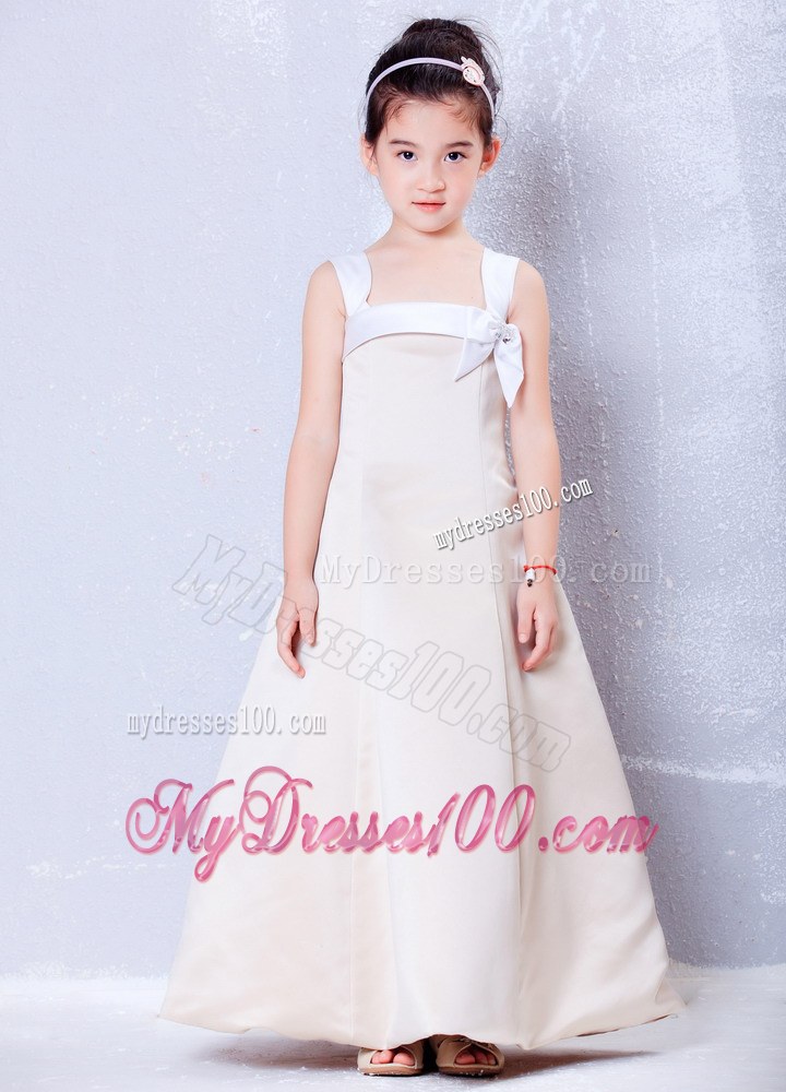 Champagne Square Neck Ankle-length Bows Flower Girl Dress